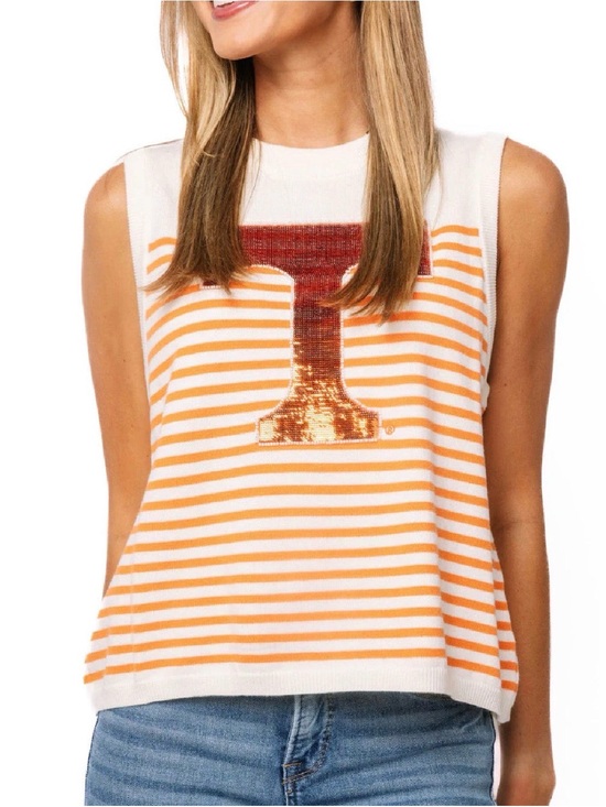QUEEN OF SPARKLES Tops - QUEEN OF SPARKLES Orange & White Striped Sequin 'T' Tank Top